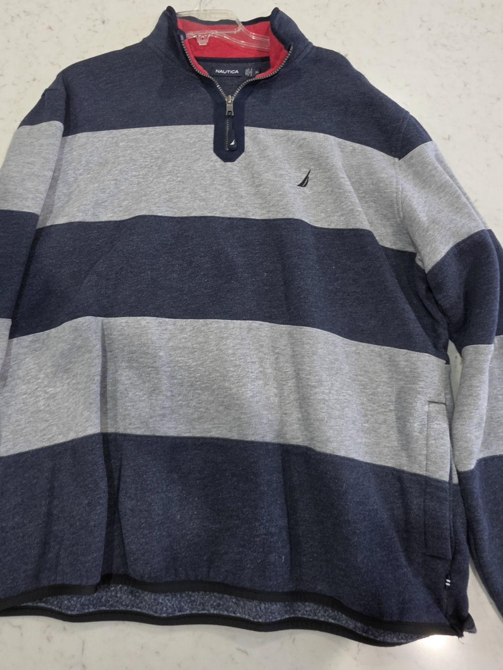 Nautica Men’s Navy and Light Gray Striped Quarter-Zip Pullover